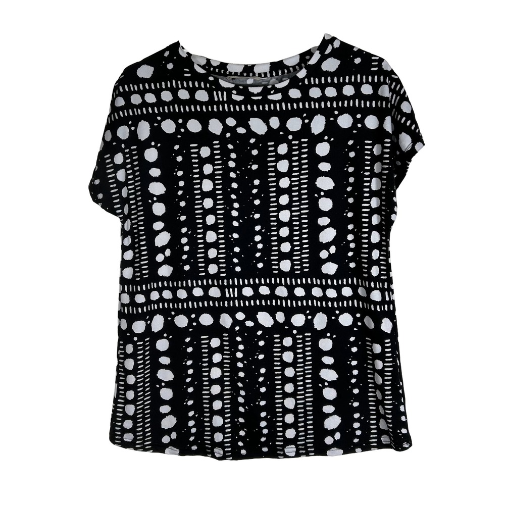 Real Basics Womens Short Sleeve Geometric Tribal Dot Blouse Black White Small